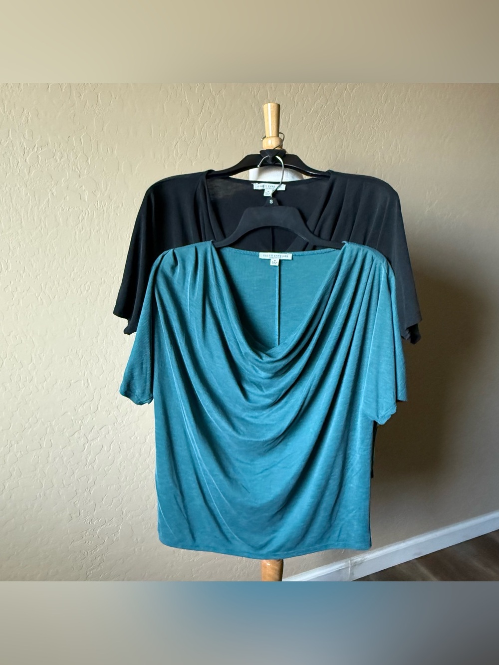 Draped Cowl Neck Tops - Teal Green & Black
